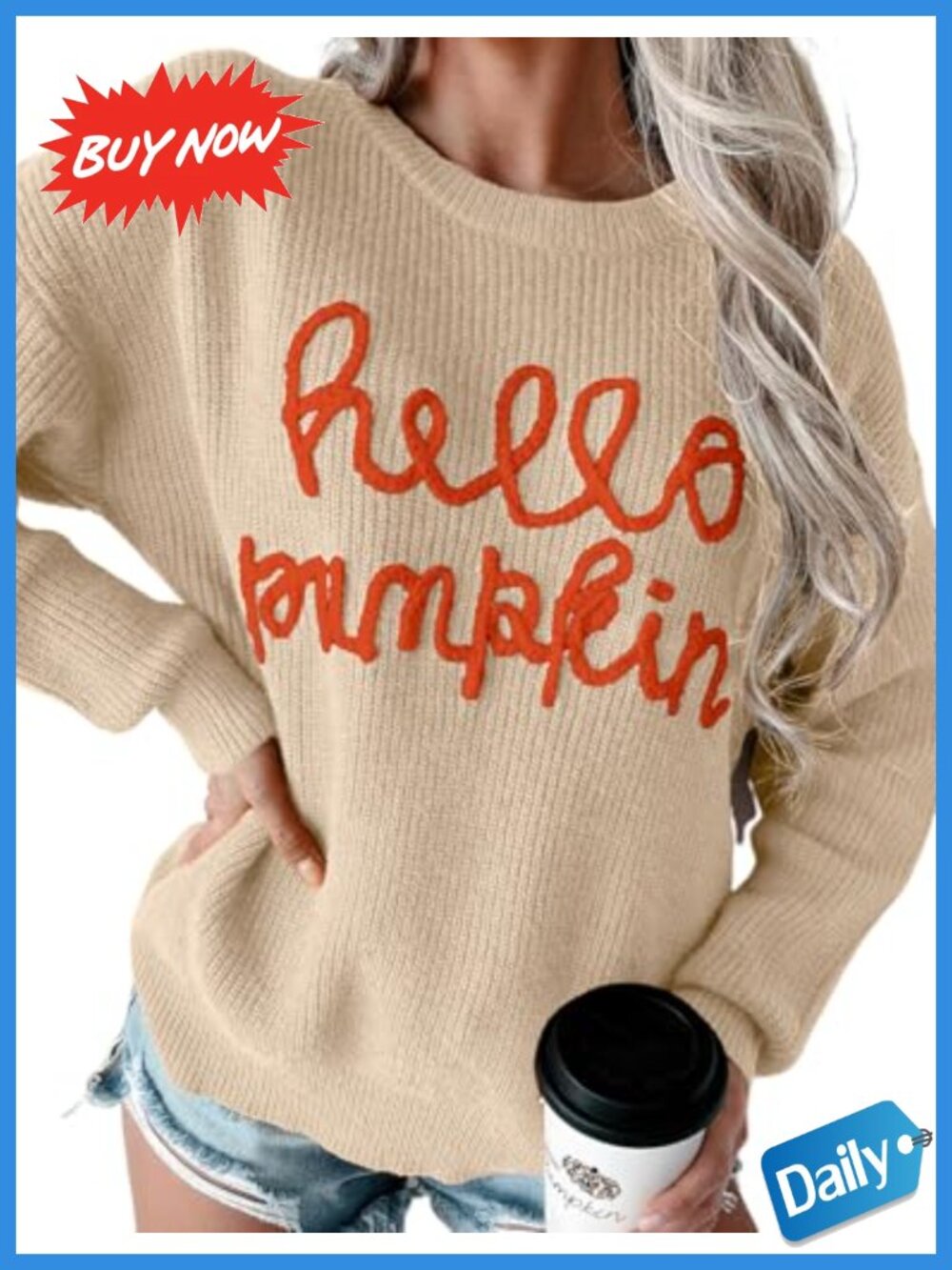 Women's Halloween Hello Pumpkin Crew Neck Knit Pullover Sweater